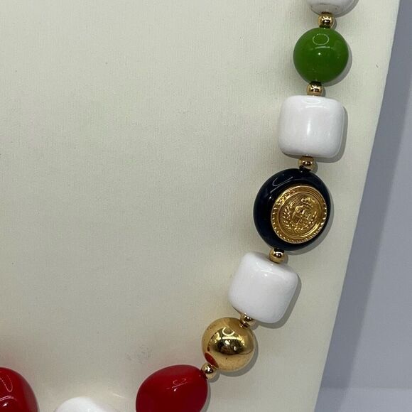 Liz Claiborne Beaded Bib Necklace Gold Tone Multicolor Long Nautical  Crest - Picture 3 of 6